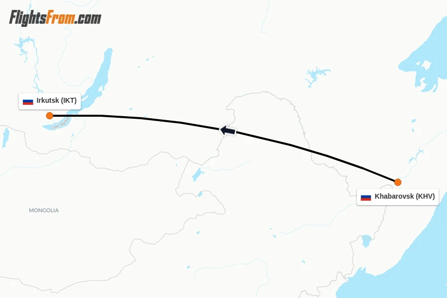 Flights from Khabarovsk to Irkutsk route map