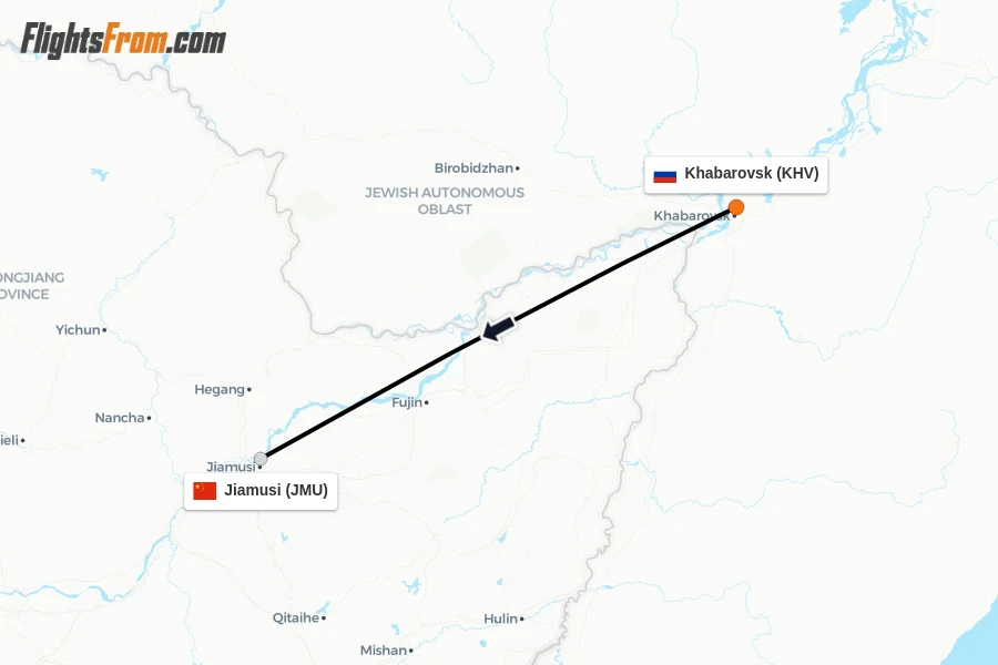 Flights from Khabarovsk to Jiamusi route map