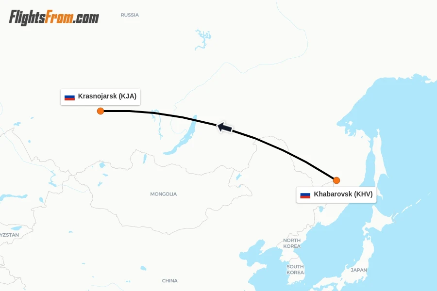 Flights from Khabarovsk to Krasnojarsk route map