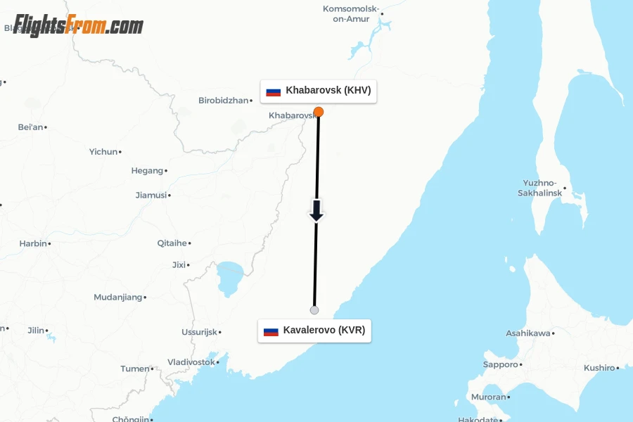 Flights from Khabarovsk to Kavalerovo route map