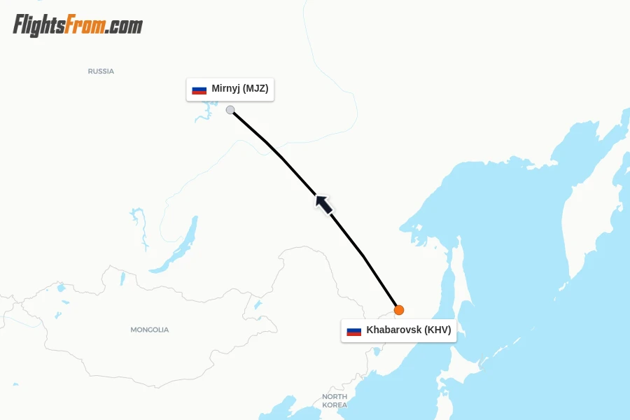 Flights from Khabarovsk to Mirnyj route map