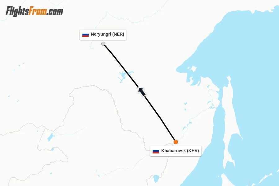 Flights from Khabarovsk to Neryungri route map