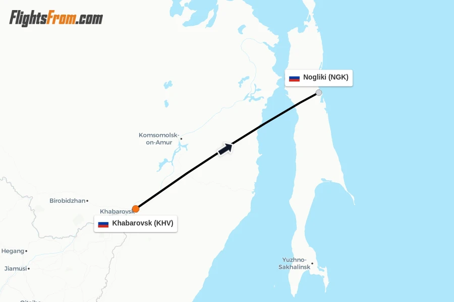 Flights from Khabarovsk to Nogliki route map
