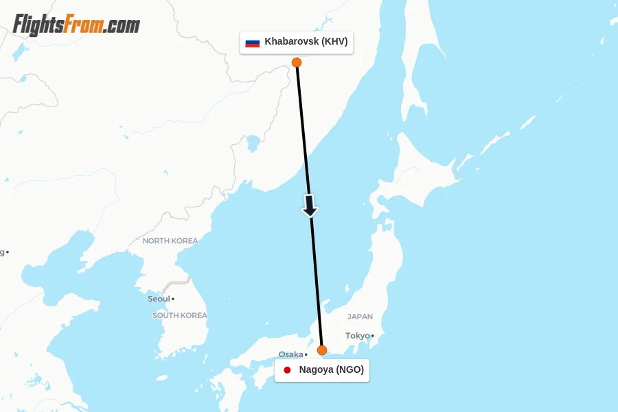 Flights from Khabarovsk to Nagoya route map