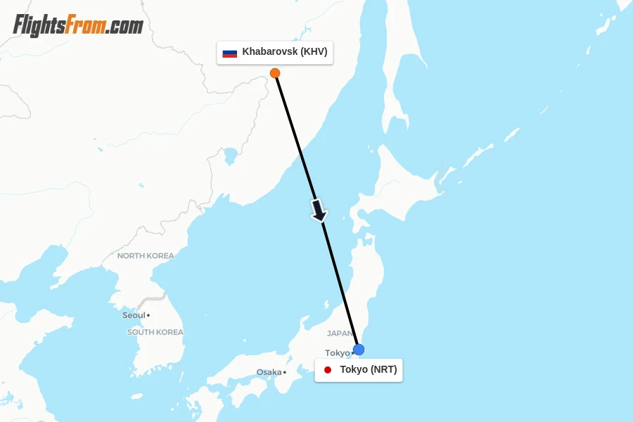 Flights from Khabarovsk to Tokyo route map