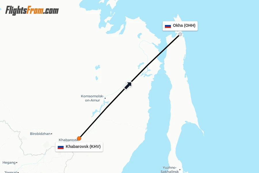 Flights from Khabarovsk to Okha route map