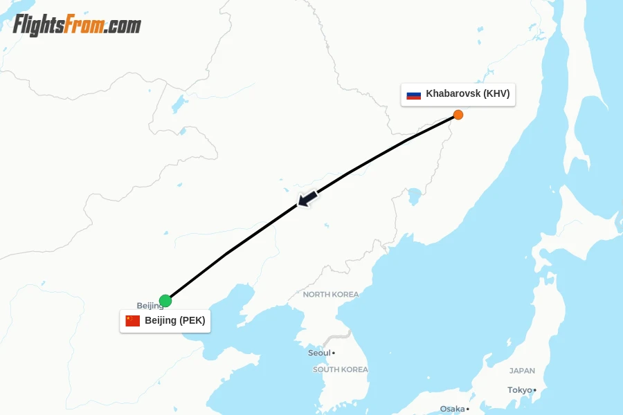 Flights from Khabarovsk to Beijing route map