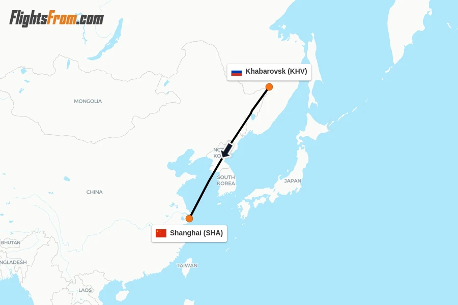 Flights from Khabarovsk to Shanghai route map