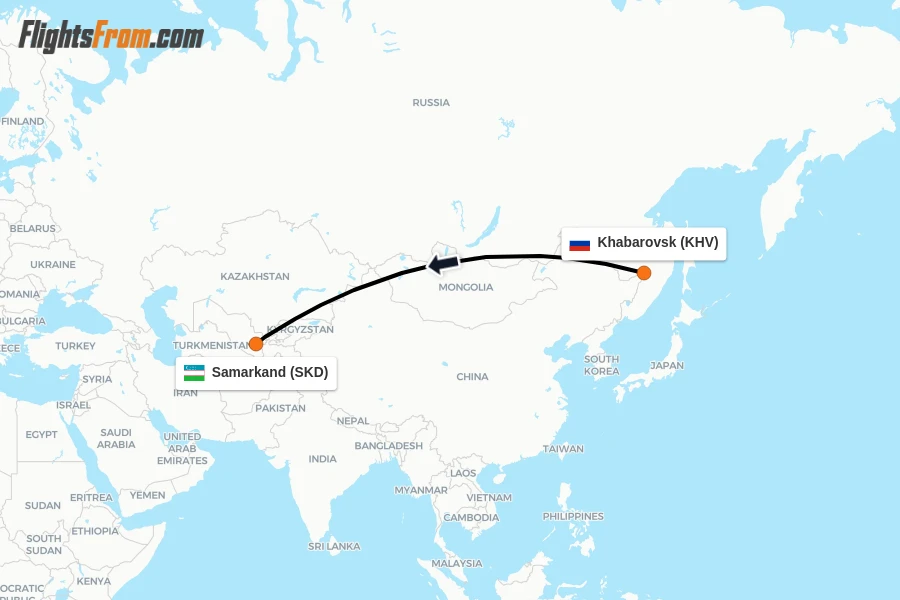 Flights from Khabarovsk to Samarkand route map