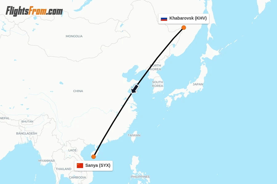 Flights from Khabarovsk to Sanya route map