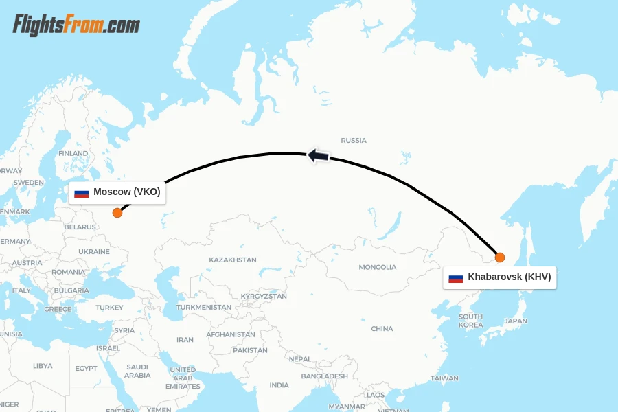 Flights from Khabarovsk to Moscow route map