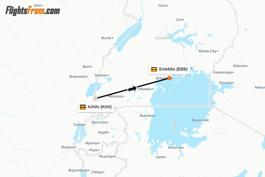 Flights from Kihihi to Entebbe route map