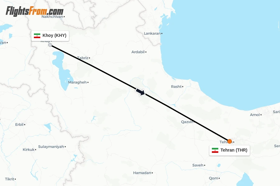 Flights from Khoy to Tehran route map