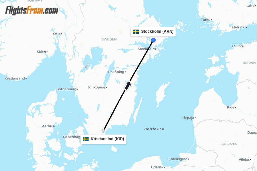 Flights from Kristianstad to Stockholm route map