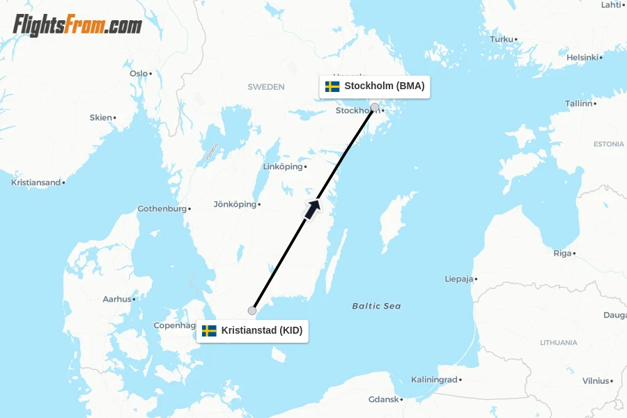 Flights from Kristianstad to Stockholm route map