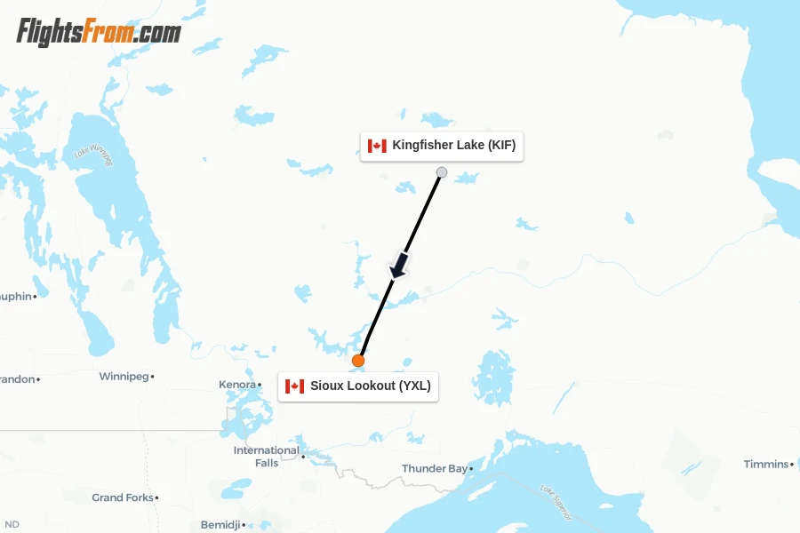 Flights from Kingfisher Lake to Sioux Lookout route map
