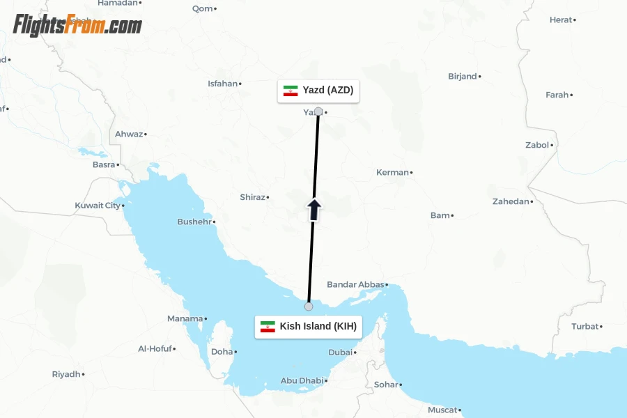 Flights from Kish Island to Yazd route map