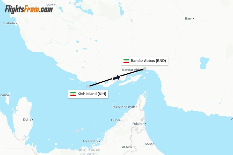 Flights from Kish Island to Bandar Abbas route map