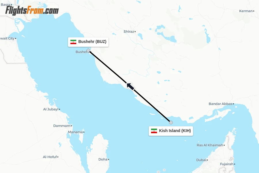 Flights from Kish Island to Bushehr route map