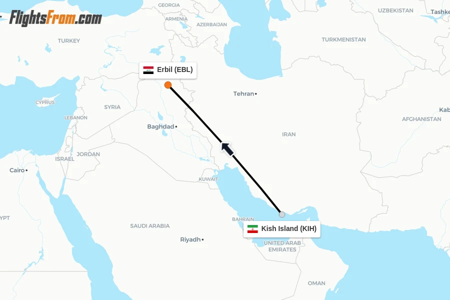 Flights from Kish Island to Erbil route map