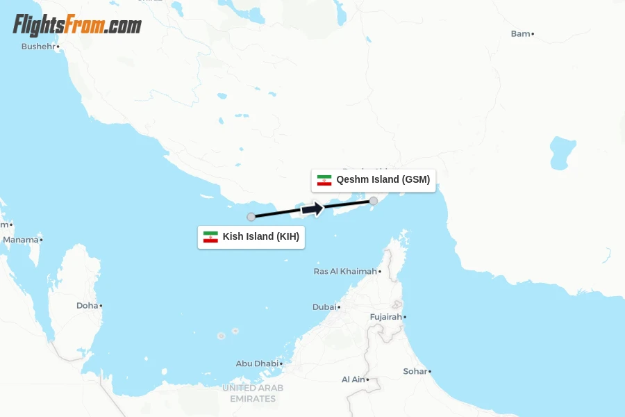 Flights from Kish Island to Qeshm Island route map