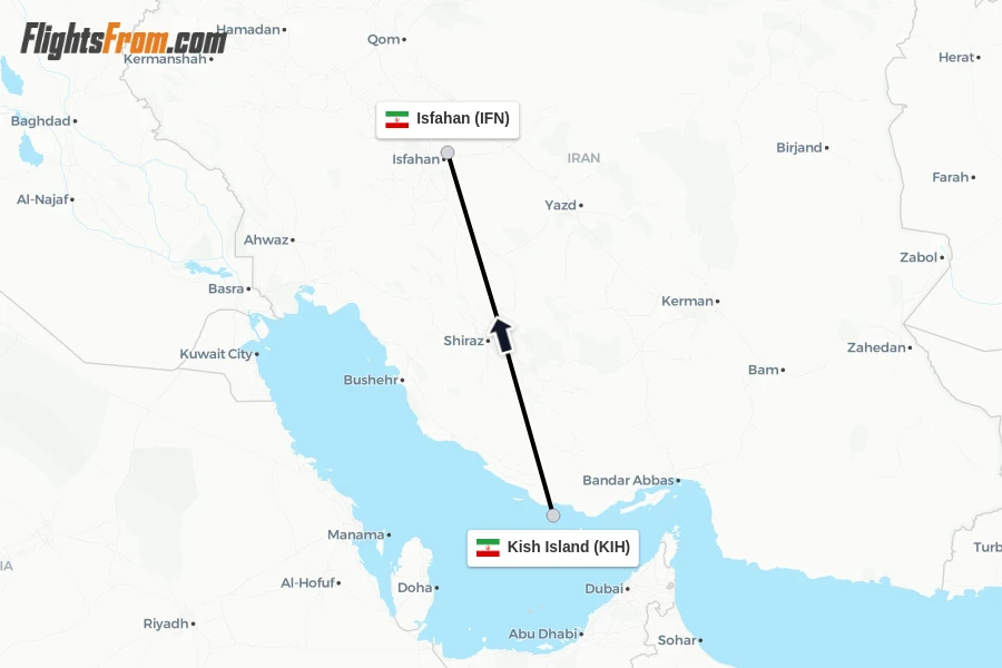 Flights from Kish Island to Isfahan route map
