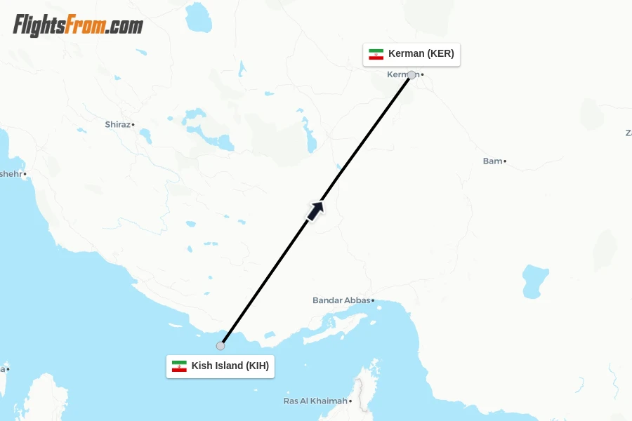 Flights from Kish Island to Kerman route map