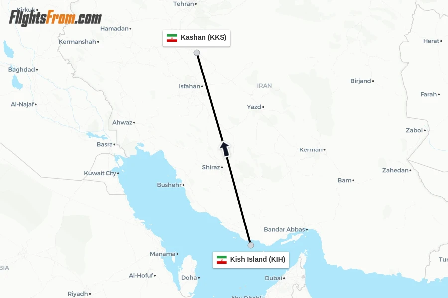Flights from Kish Island to Kashan route map