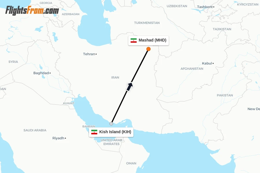 Flights from Kish Island to Mashad route map