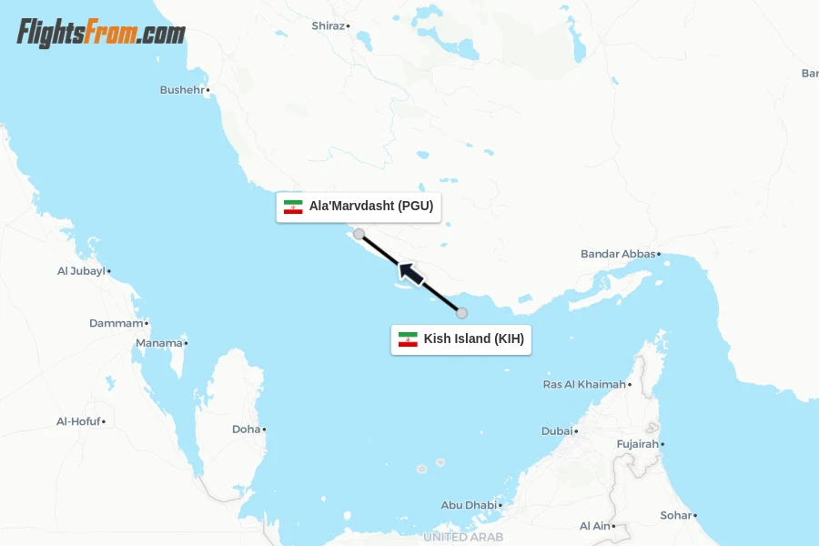 Flights from Kish Island to Ala'Marvdasht route map