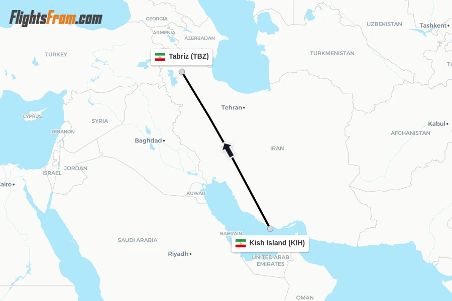 Flights from Kish Island to Tabriz route map