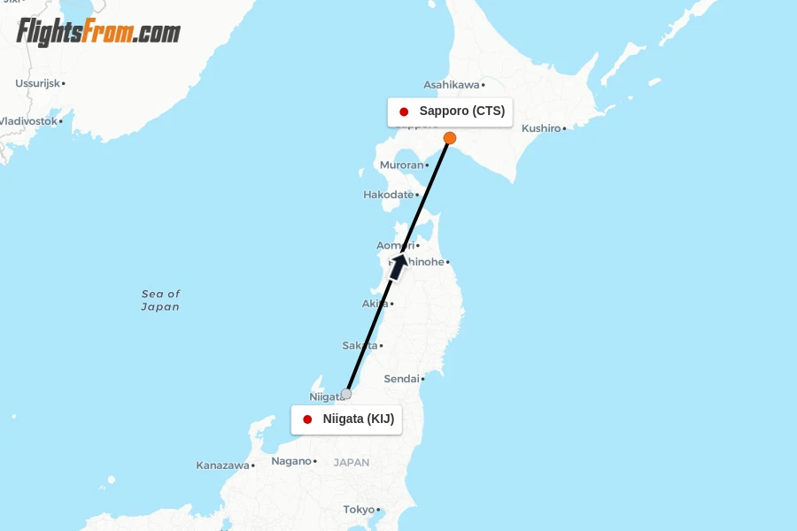Flights from Niigata to Sapporo route map