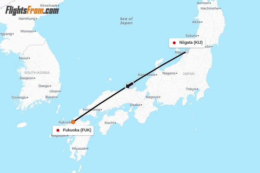 Flights from Niigata to Fukuoka route map