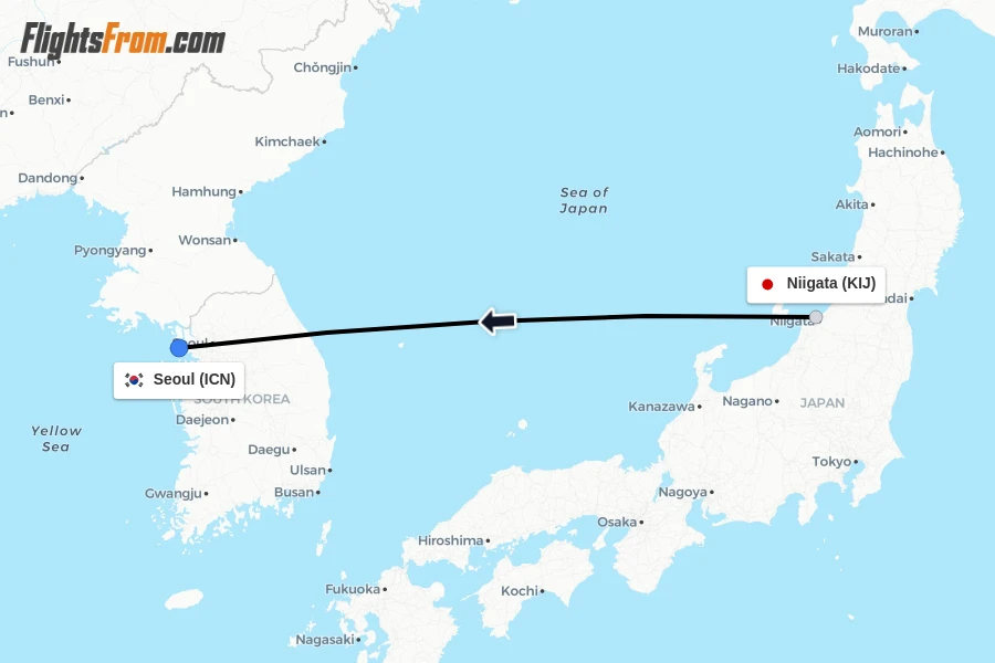 Flights from Niigata to Seoul route map