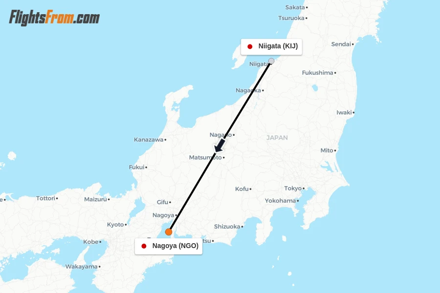 Flights from Niigata to Nagoya route map