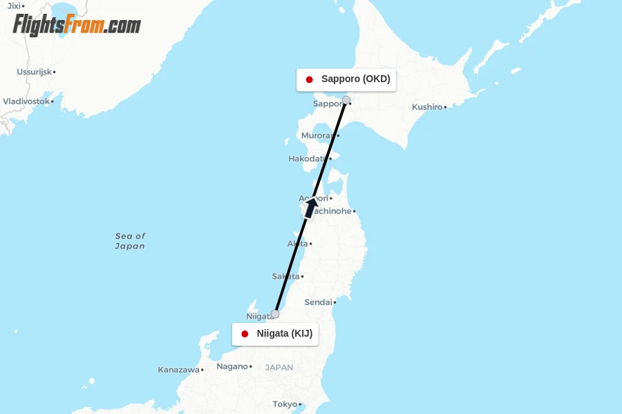 Flights from Niigata to Sapporo route map