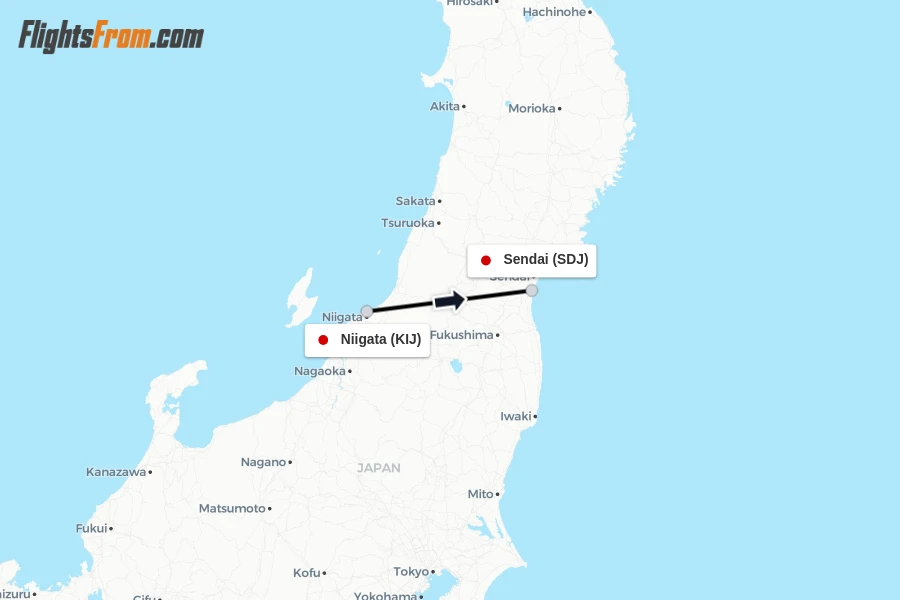 Flights from Niigata to Sendai route map