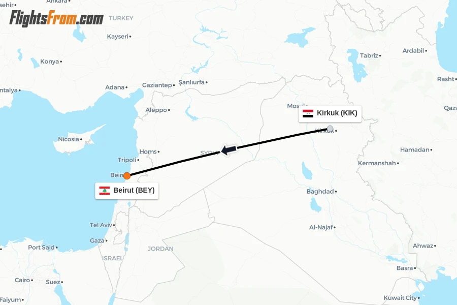 Flights from Kirkuk to Beirut route map