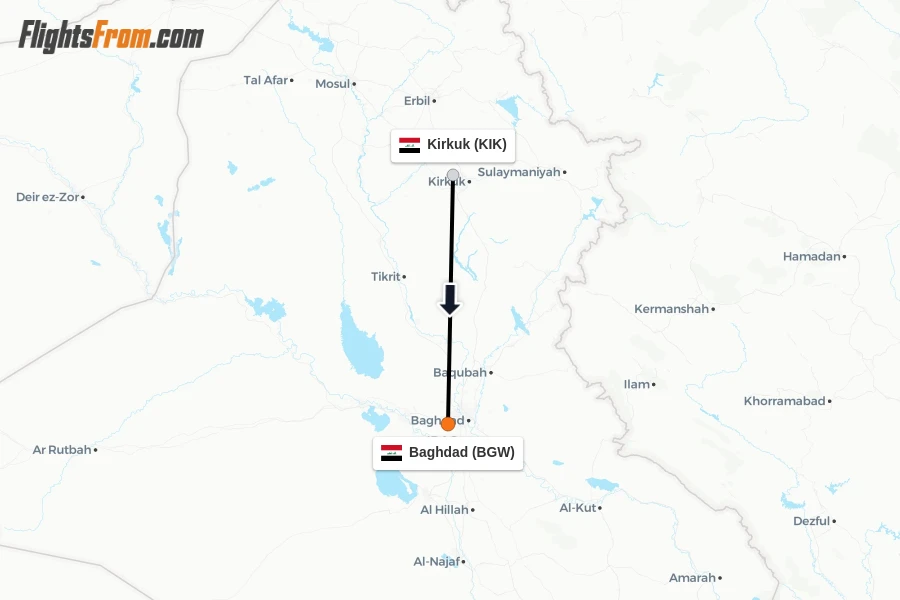 Flights from Kirkuk to Baghdad route map