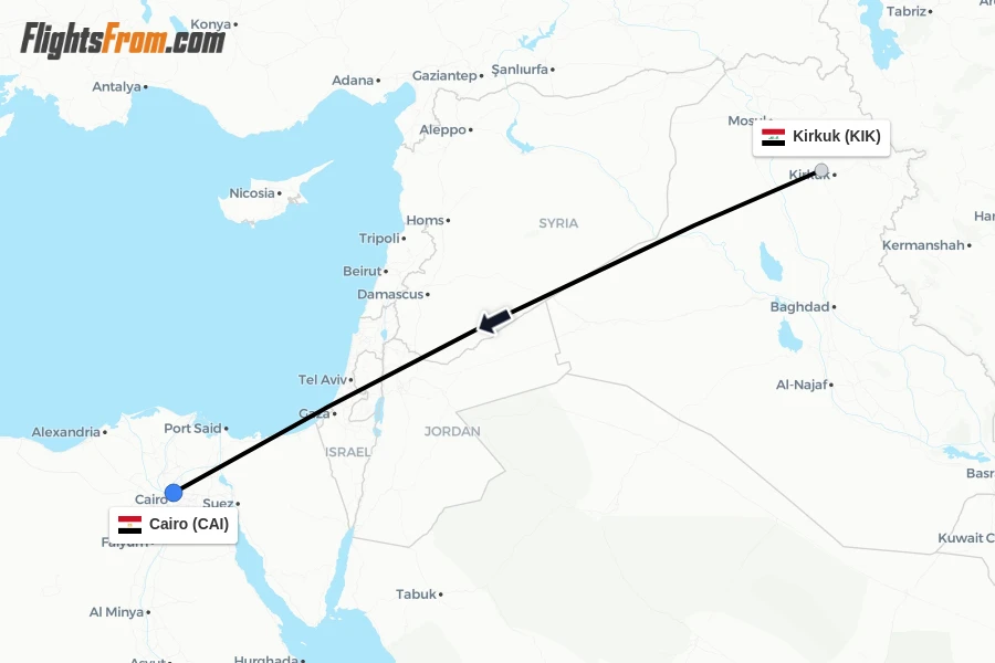 Flights from Kirkuk to Cairo route map