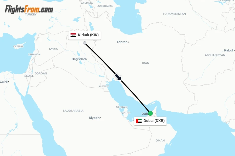 Flights from Kirkuk to Dubai route map