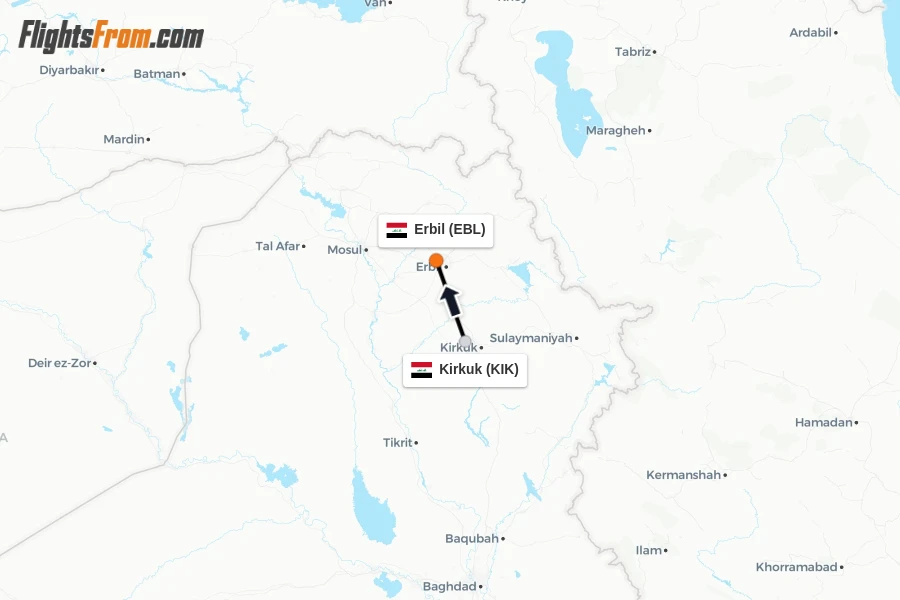 Flights from Kirkuk to Erbil route map