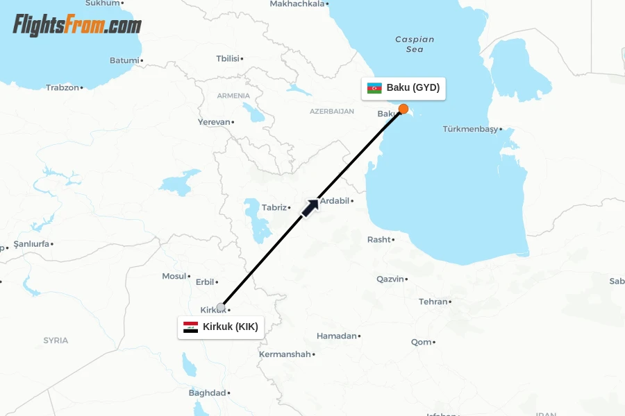 Flights from Kirkuk to Baku route map