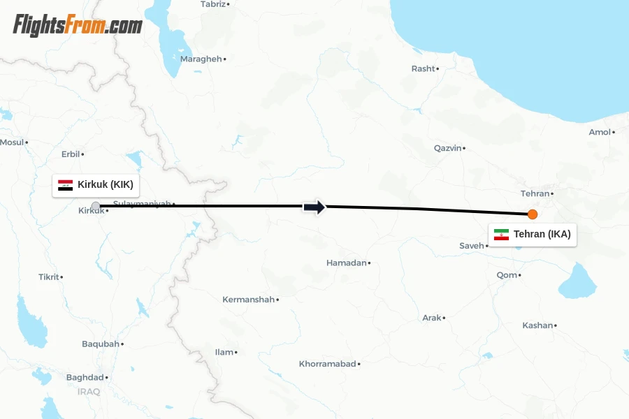 Flights from Kirkuk to Tehran route map