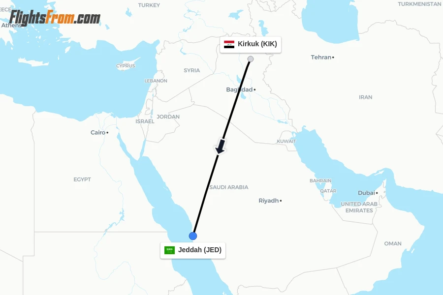 Flights from Kirkuk to Jeddah route map