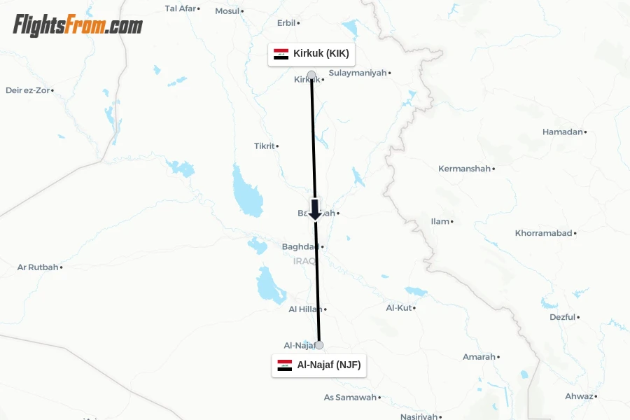 Flights from Kirkuk to Al-Najaf route map