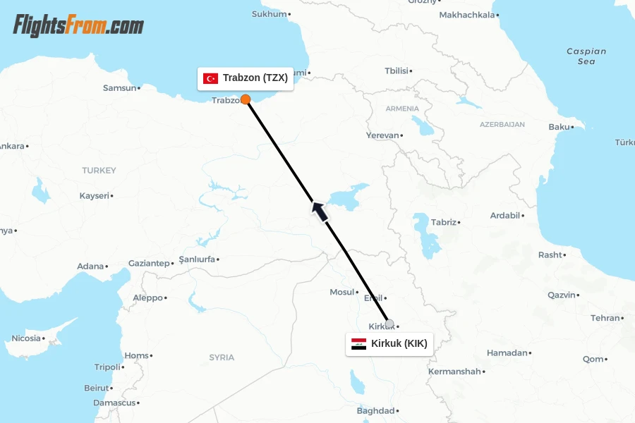 Flights from Kirkuk to Trabzon route map