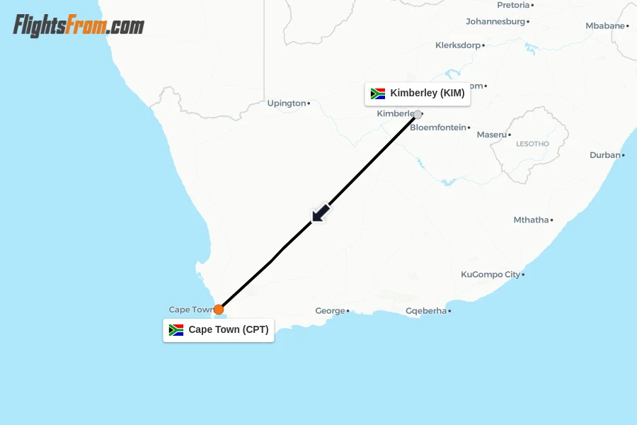 Flights from Kimberley to Cape Town route map
