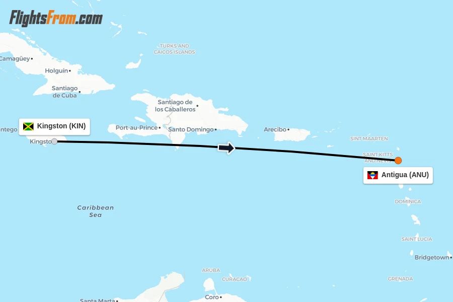 Flights from Kingston to Antigua route map