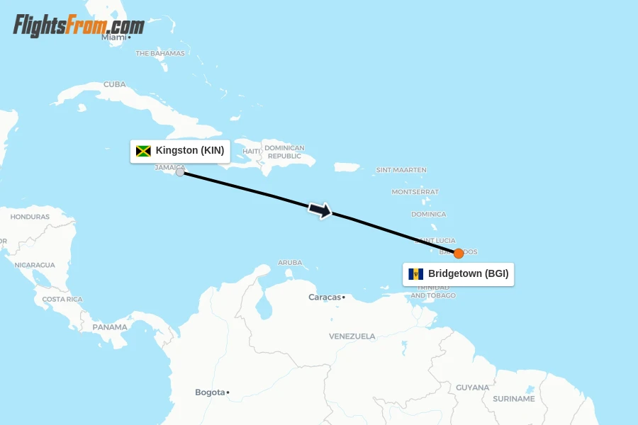 Flights from Kingston to Bridgetown route map